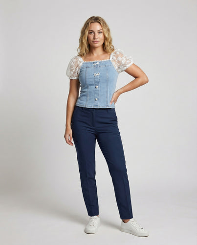 Damen Romantische Perlenknopfleiste Denim Denim-Minikleid