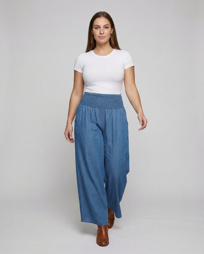 Damen Bodenlange Extra weites Bein Chambray-Optik Palazzohose