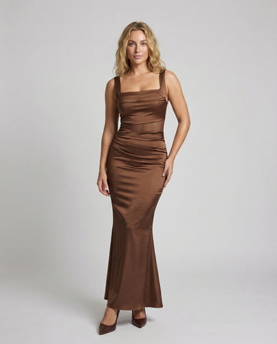 Damen Satin-Abendkleid Eckiger Ausschnitt Drapierung
