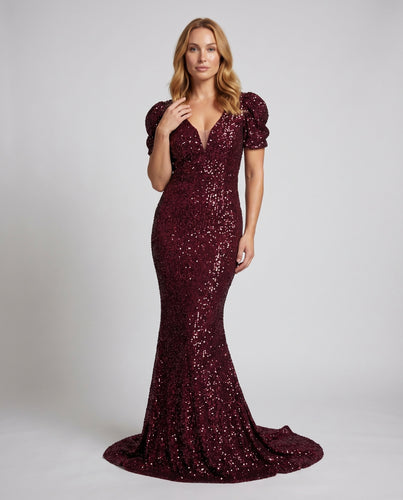 Damen Pailletten-Gala-Kleid Puffärmel Trompetenschleppe