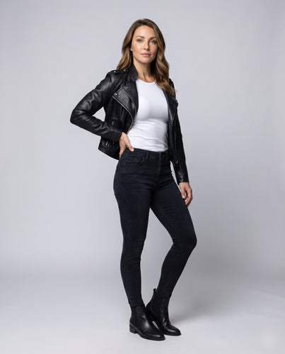 Damen Biker-Kurzblouson Kunstleder Gesteppt Asymmetrisch