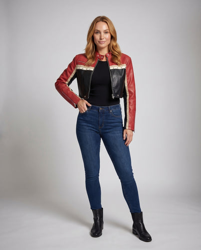 Damen Farbblock-Blouson Bikerstil Stehkragen Nieten
