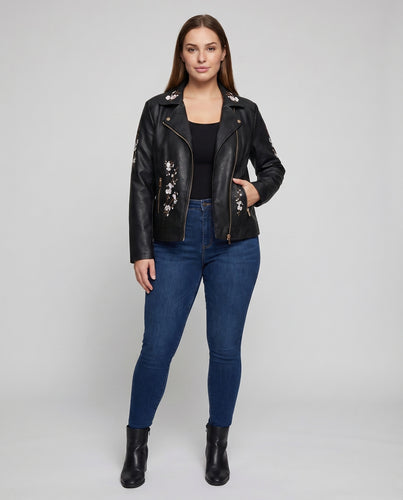 Damen Kunstleder-Blouson Stickerei Diagonal-Reißverschluss