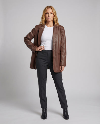 Damen Longblazer Lederoptik Revers Offene Front