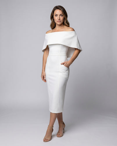 Damen Off-Shoulder Etuikleid Cape-Einsatz Stretch
