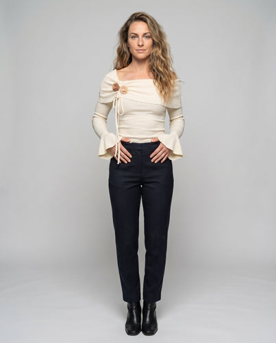 Damen Off-Shoulder Stricktop Carmenkragen Trompetenärmel