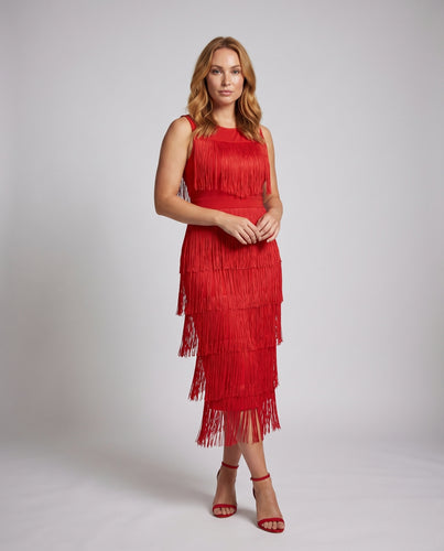 Damen Fransen-Midikleid Stufig Beinschlitz Figurbetont
