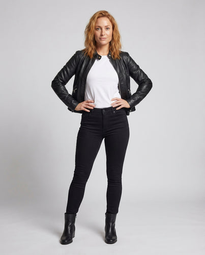 Damen Kunstleder-Blouson Stehkragen Taillenblende Motorrad-Stil
