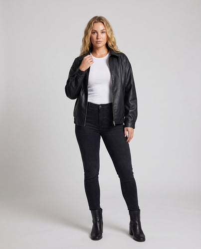 Damen Kunstlederjacke Hemdkragen Reißverschluss Weit