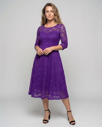 Damen Spitzen-Midikleid 3/4-Arm Korsettnaht Taschen