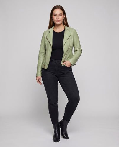 Damen Motorradblazer Kunstleder Wiener Nähte Doppelzipper