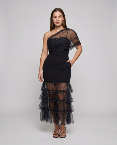 Damen Abendkleid Tüllvolant Schulterfrei Overlay