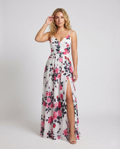 Damen Maxikleid Rosenprint Beinschlitz Spaghettiträger Tailliert