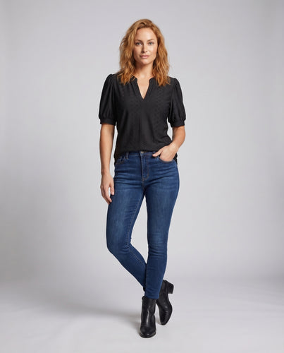 Damen Broderie-Bluse V-Ausschnitt Puffärmel Ellenbogenlang