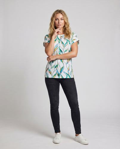 Damen Kurzarmshirt Blatt-Aquarellprint Gekrempelte Ärmel Locker
