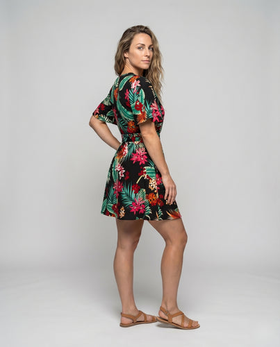 Damen Wickelkleid Tropischer Print Volantärmel Tailliert