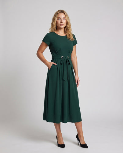Damen Midikleid Ösen-Bindegürtel A-Linie Kurze Ärmel