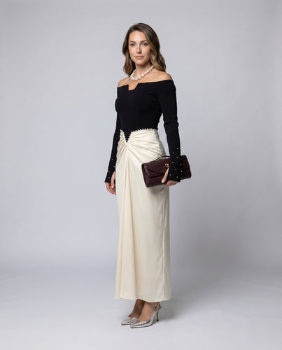 Damen Abendkleid Perlenbesatz Drapierter Satinrock Schulterfrei