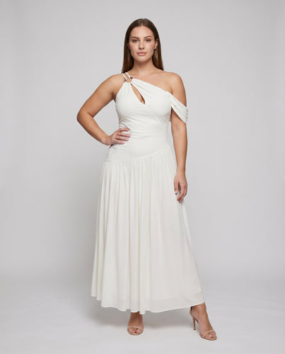 Damen Satin-Abendkleid Metallring Korsagenpartie Ein-Schulter-Schnitt