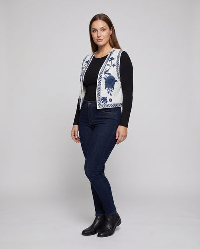 Damen Boho-Weste Florale Stickerei Offene Front Bestickt