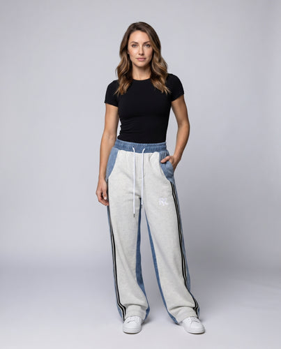 Damen lässige Sporthose mit seitlichen Streifen und modischem Denim-Design