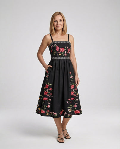 Retro Swingkleid Bodenlang Mit Stickerei Damen