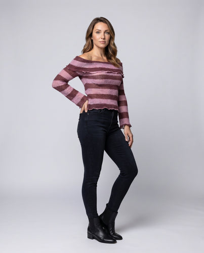 Damen luftiges Strickoberteil mit schulterfreiem Schnitt und Rüschendetails