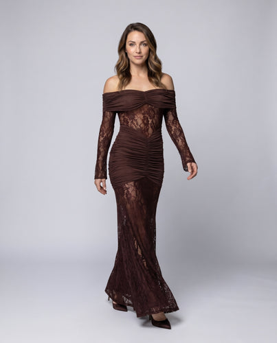 Damen Elegantes Spitzenkleid mit drapiertem Bustier und langen Ärmeln R&B