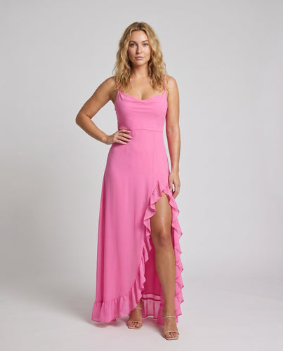 Damen Lange Rüschenkleid mit tiefem Schlitz und verführerischem Ausschnitt R&B