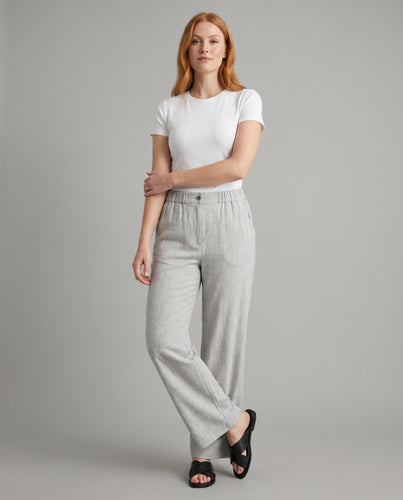 Damen weite Leinenhose mit hohem Bund und seitlichen Taschen