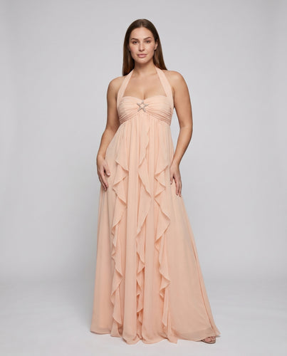 Damen elegantes Maxikleid mit fließendem Rock und tiefem Rückenausschnitt R&B