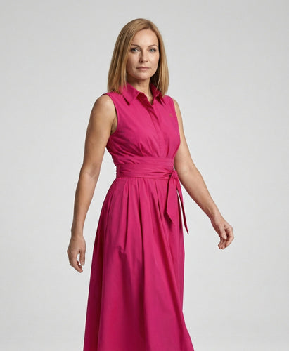 Damen Ärmelloses Hemdblusenkleid mit plissiertem Rock und Bindegürtel