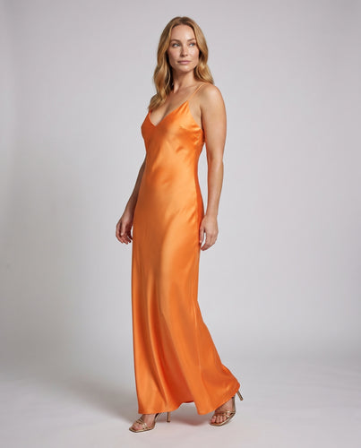 Damen Satin-Maxikleid mit verführerischem V-Ausschnitt und schmalen Spaghettiträgern R&B