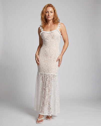 Damen Spitzenmaxikleid mit transparenten Einsätzen und Rüschendetails R&B
