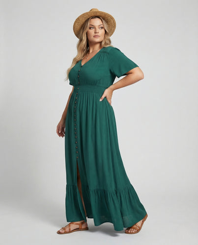 Damen Maxikleid mit Knopfleiste und Stufenvolant
