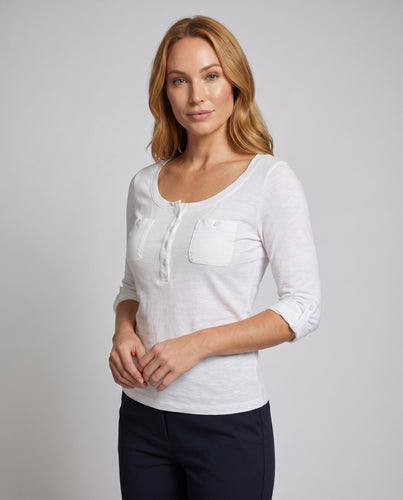 Damen nan Henley-Longsleeve mit Brusttasche, Knopfleiste und krempelbaren Ärmeln aus leichtem Baumwolljersey