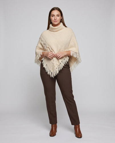 Damen nan weit geschnittener Strickponcho mit Rollkragen Fransen und strukturierter Maschenoptik