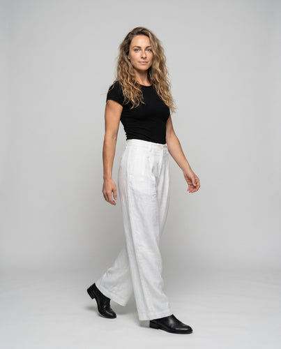 Damen nan weite Leinenhose mit hoher Taille, Bundfalten und Eingrifftaschen