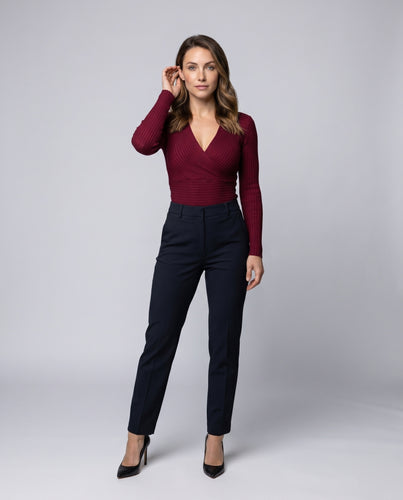 Damen Langarm-Rippbluse mit Wickeldesign R&B