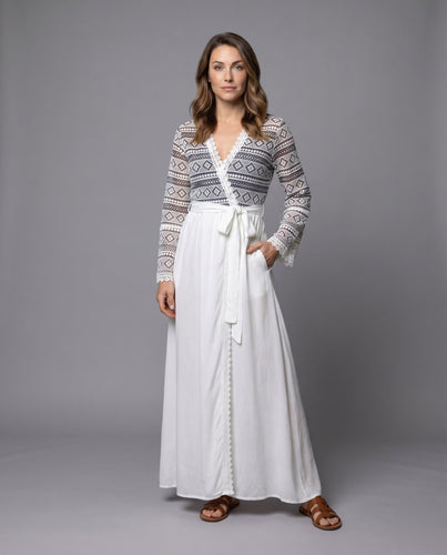 Damen Langärmliger Strandkimono mit kunstvollen Häkelverzierungen R&B