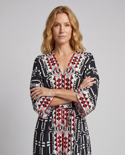 Damen Maxi-Kaftan mit einzigartigem geometrischen Muster und elegantem Hochschnitt R&B