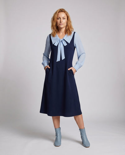 Damen Midi-Kleid mit dekorativem Schleifenkragen und langen Ärmeln
