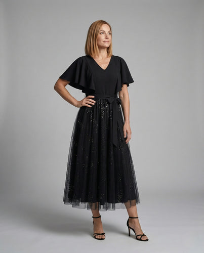 Damen Tüll Abendkleid mit V-Ausschnitt