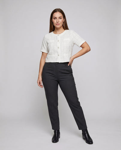 Damen Elegante Kurzarmbluse mit strukturiertem Karomuster und praktischen Taschen