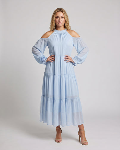 Damen Maxi-Kleid mit schulterfreiem Design und zarten Volants