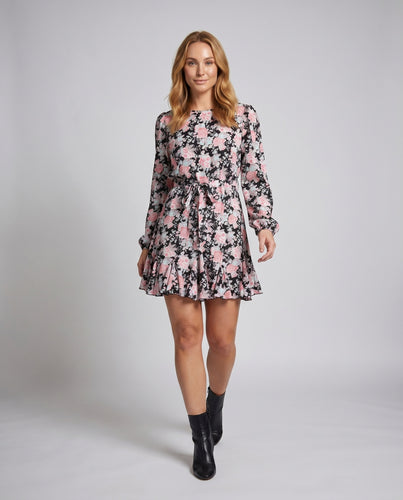 Damen Blusenkleid mit floralen Rüschen und Bindegürtel