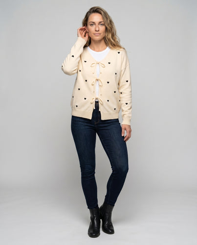 Damen lässige Strickjacke mit Herzen und Bindebändern