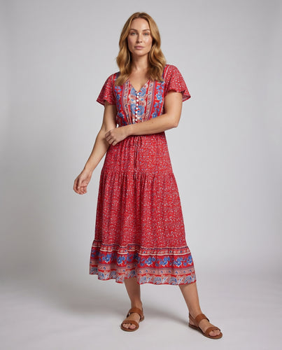 Damen luftiges Maxikleid mit floralen Mustern und Rüschendetails