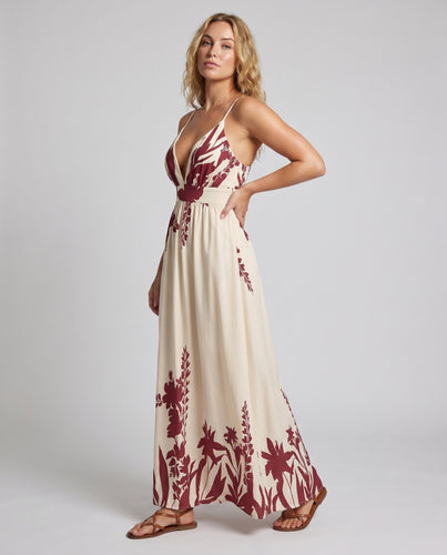 Damen Maxikleid mit tiefem V-Ausschnitt und floralen Mustern