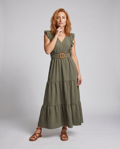 Damen Maxikleid mit voluminösen Rüschendetails und schickem Taillengürtel